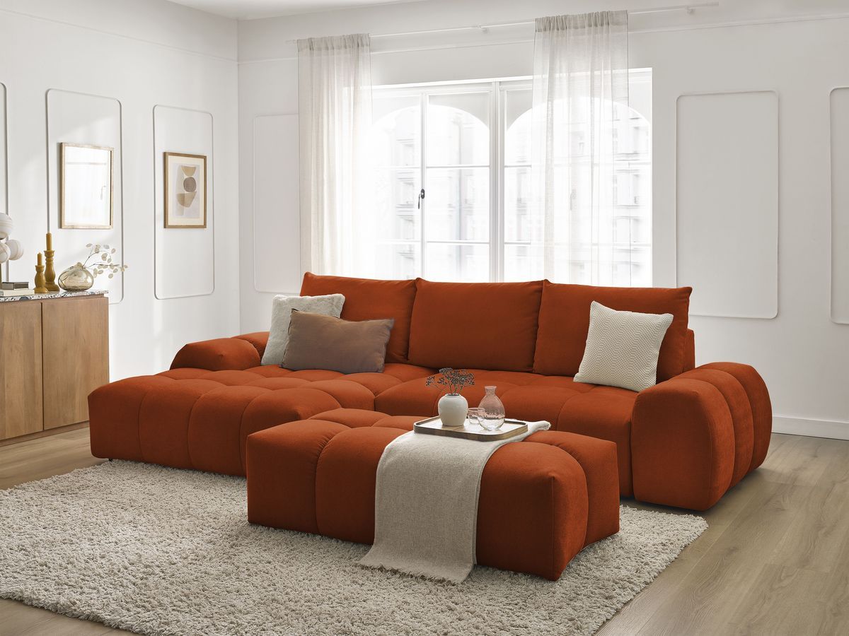 Canapé d'angle convertible coffre EVEREST tissu texturé avec pouf