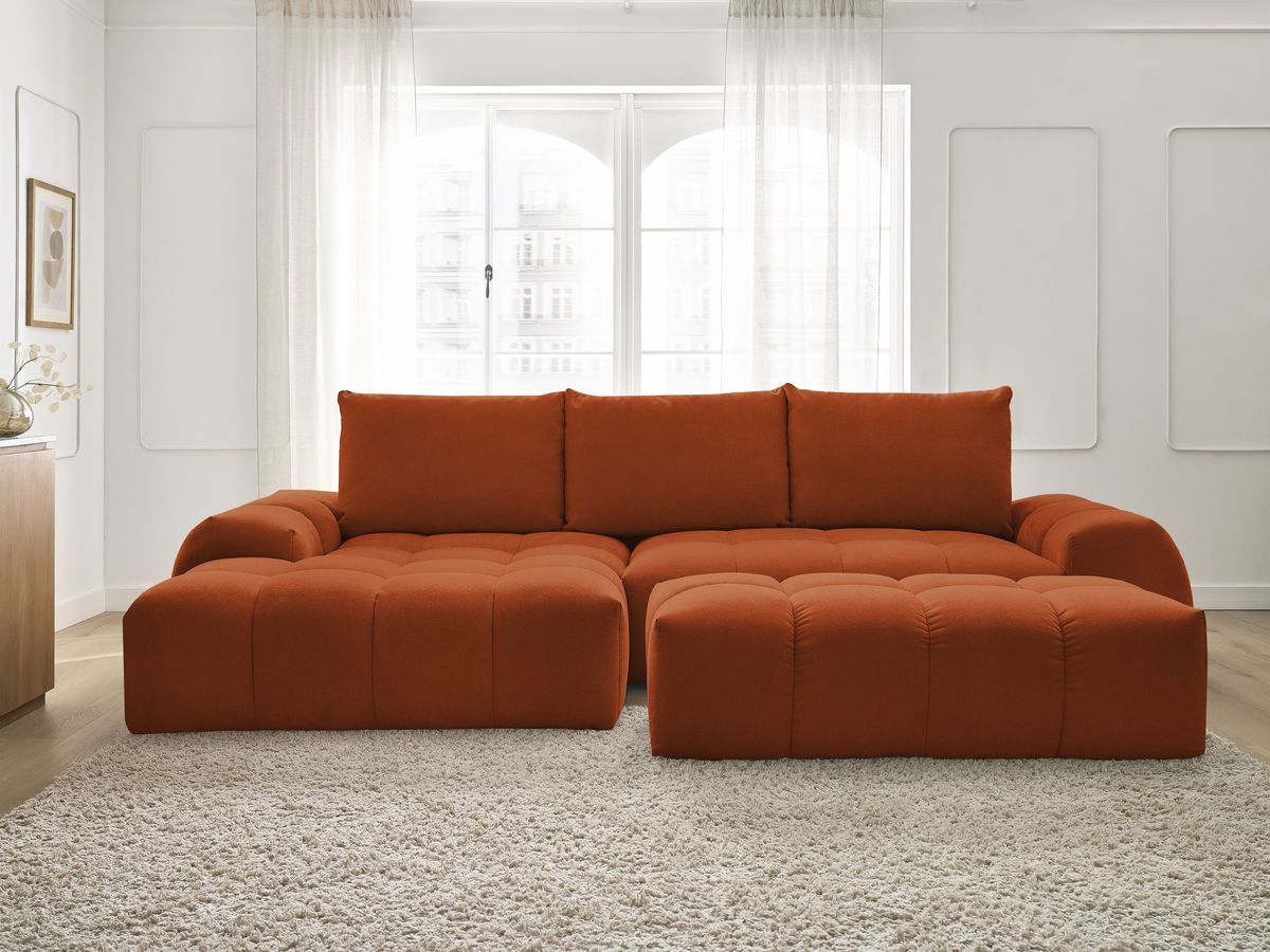 Canapé d'angle convertible coffre EVEREST tissu texturé avec pouf