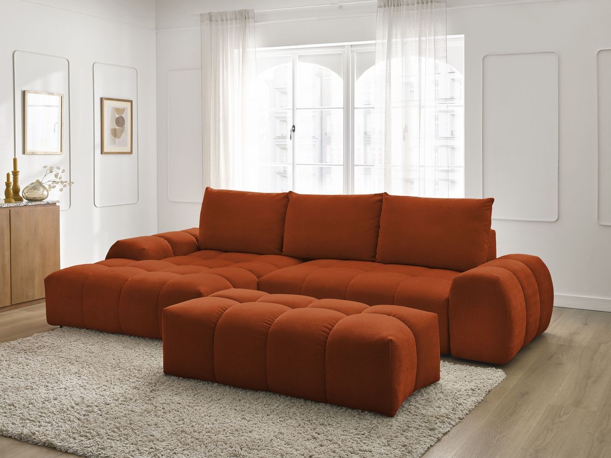 Canapé d'angle convertible coffre EVEREST tissu texturé avec pouf orange angle gauche BOBOCHIC 4 places - Vue supplémentaire 3