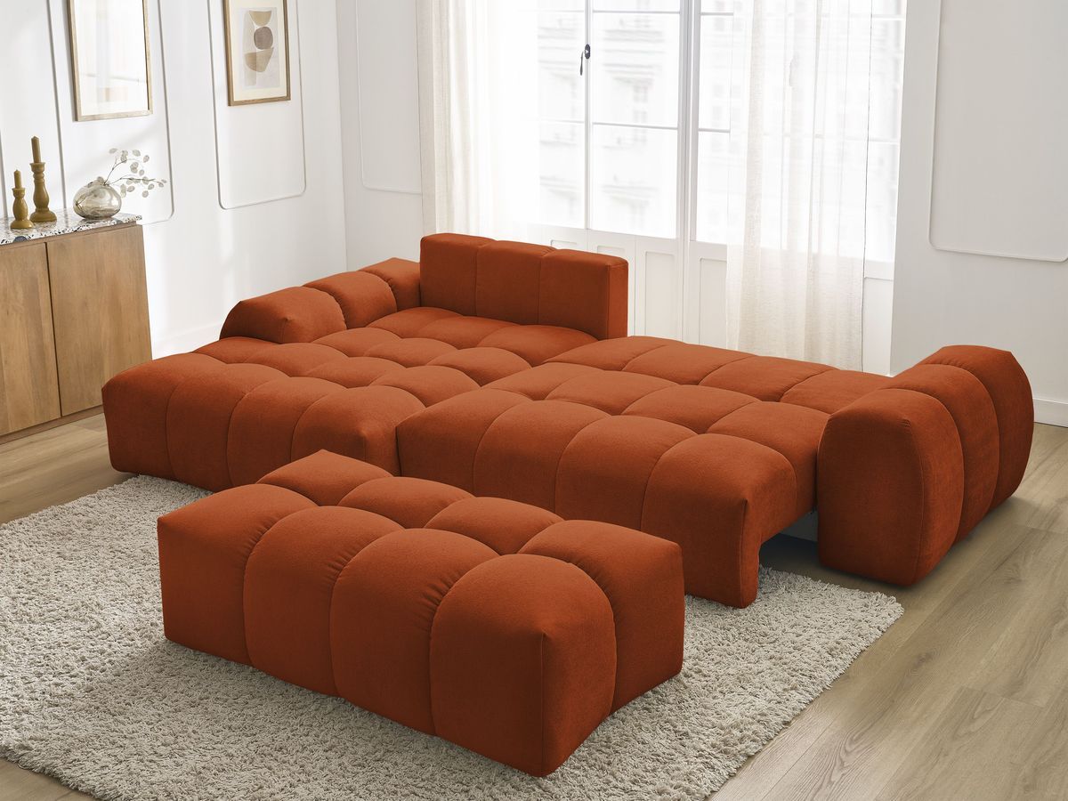 Canapé d'angle convertible coffre EVEREST tissu texturé avec pouf