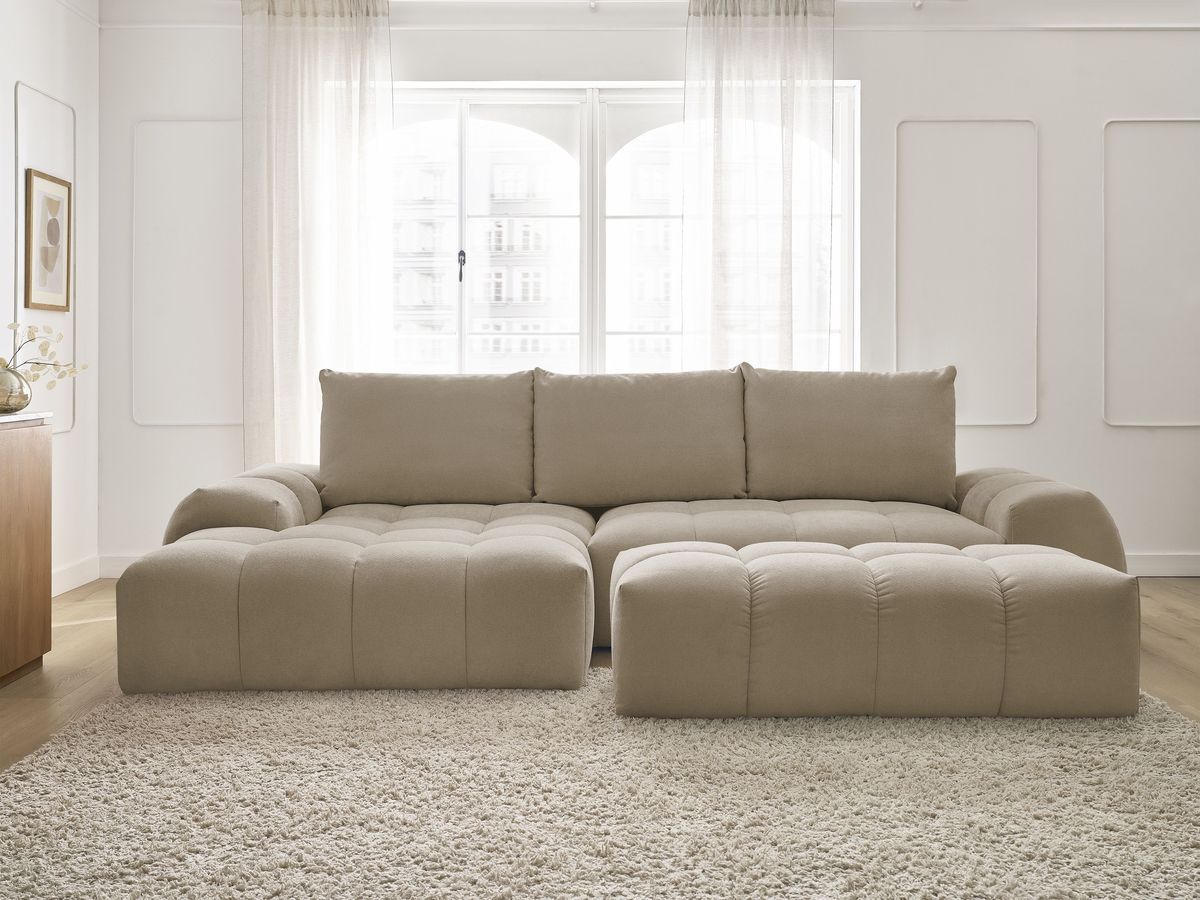 Canapé d'angle convertible coffre EVEREST tissu texturé avec pouf
