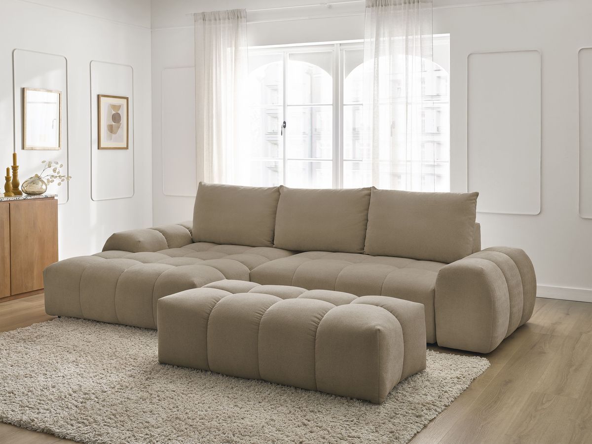 Canapé d'angle convertible coffre EVEREST tissu texturé avec pouf taupe angle gauche BOBOCHIC 4 places - Vue supplémentaire 3