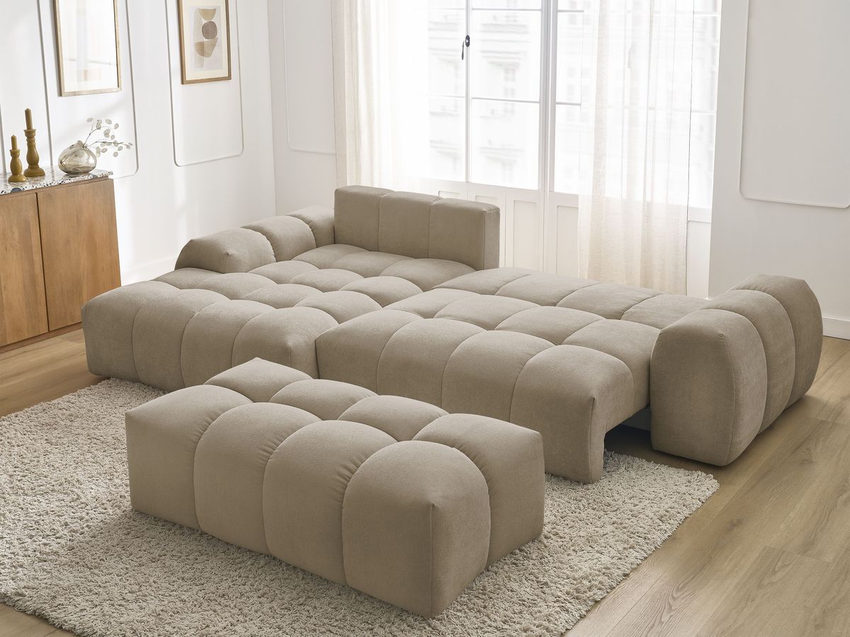 Canapé d'angle convertible coffre EVEREST tissu texturé avec pouf