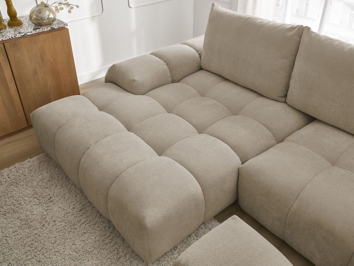Canapé d'angle convertible coffre EVEREST tissu texturé avec pouf