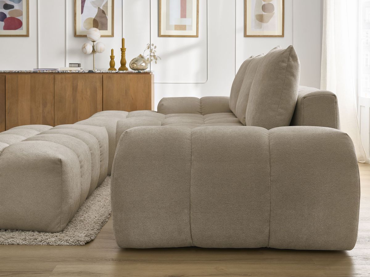 Canapé d'angle convertible coffre EVEREST tissu texturé avec pouf