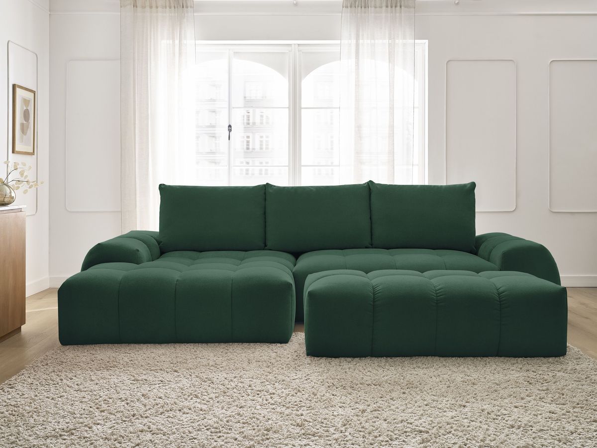 Canapé d'angle convertible coffre EVEREST tissu texturé avec pouf