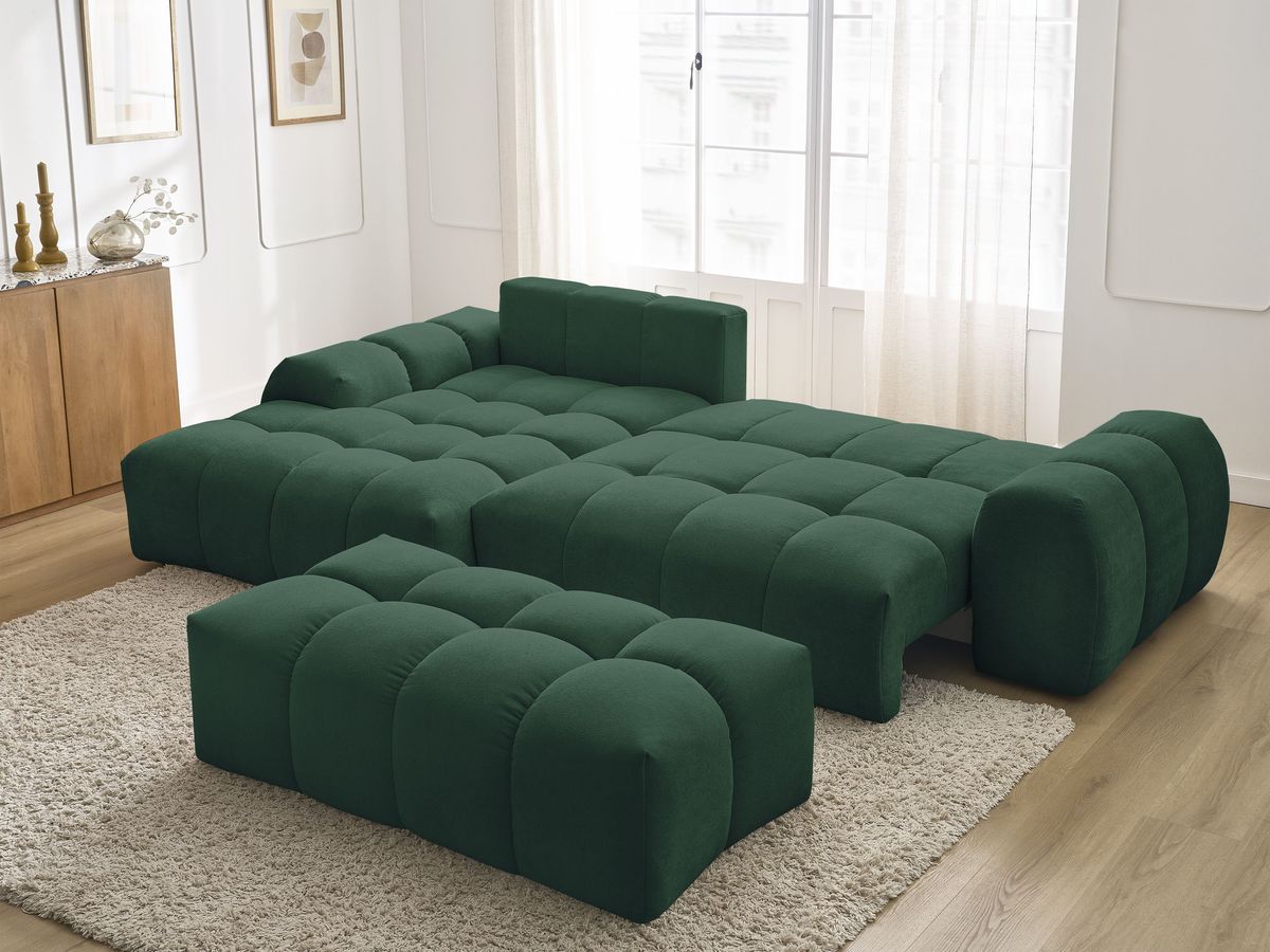 Canapé d'angle convertible coffre EVEREST tissu texturé avec pouf