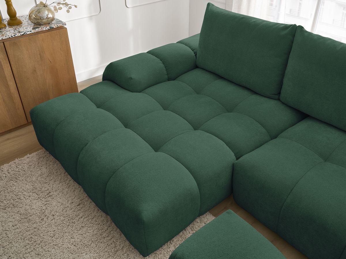 Canapé d'angle convertible coffre EVEREST tissu texturé avec pouf