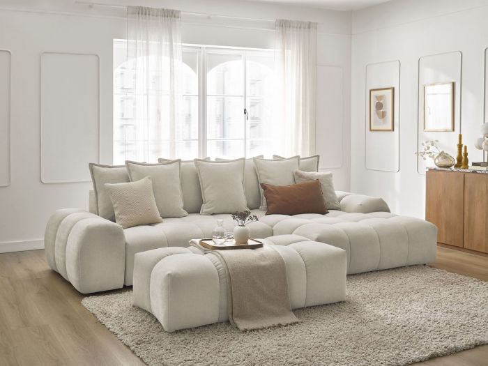 Canapé d'angle convertible coffre EVEREST tissu texturé avec pouf