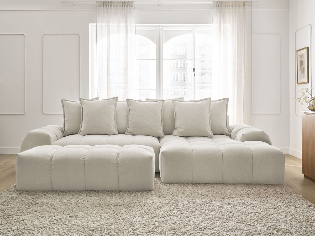 Canapé d'angle convertible coffre EVEREST tissu texturé avec pouf