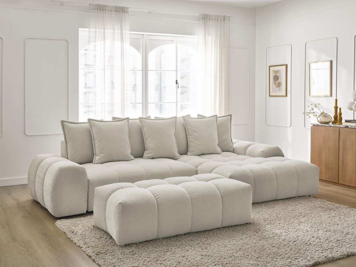 Canapé d'angle convertible coffre EVEREST tissu texturé avec pouf beige angle droit BOBOCHIC 4 places - Vue supplémentaire 3