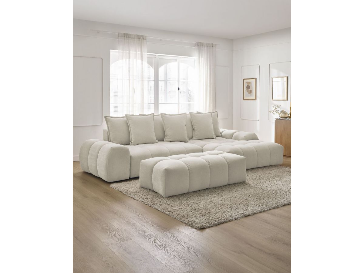 Canapé d'angle convertible coffre EVEREST tissu texturé avec pouf