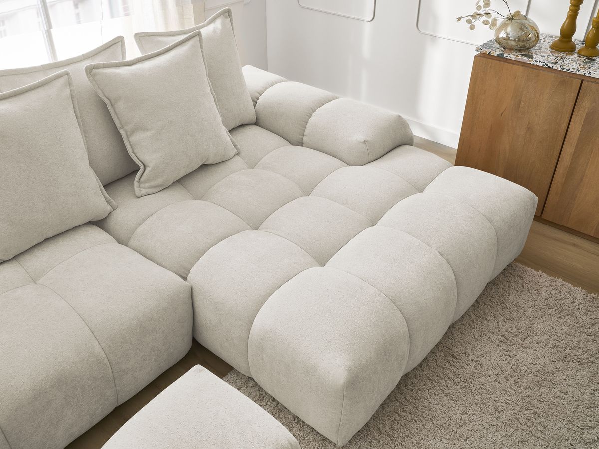 Canapé d'angle convertible coffre EVEREST tissu texturé avec pouf