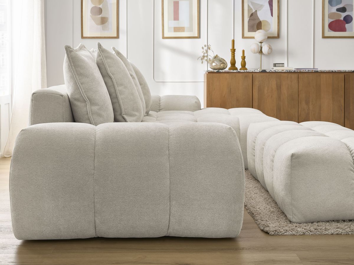 Canapé d'angle convertible coffre EVEREST tissu texturé avec pouf