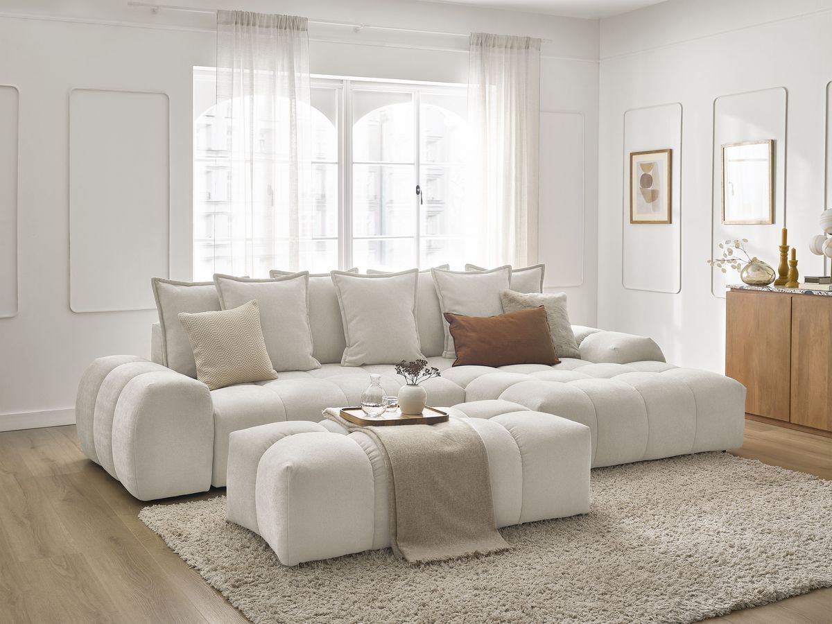 Canapé d'angle convertible coffre EVEREST tissu texturé avec pouf