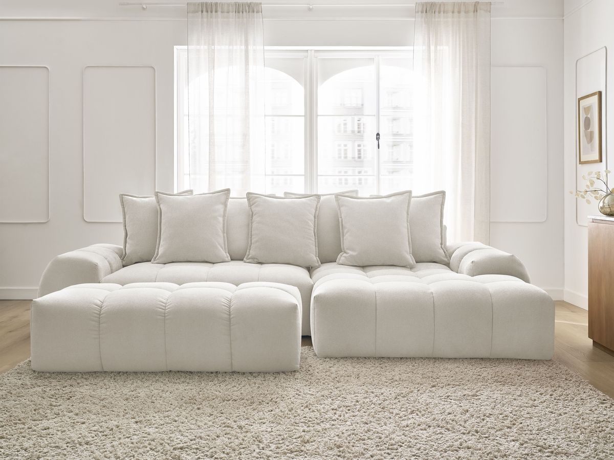 Canapé d'angle convertible coffre EVEREST tissu texturé avec pouf
