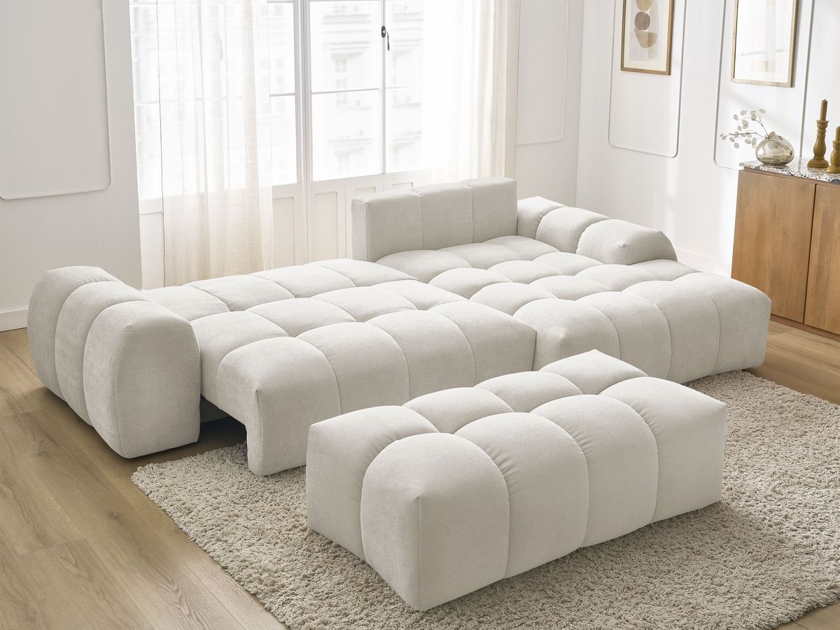 Canapé d'angle convertible coffre EVEREST tissu texturé avec pouf