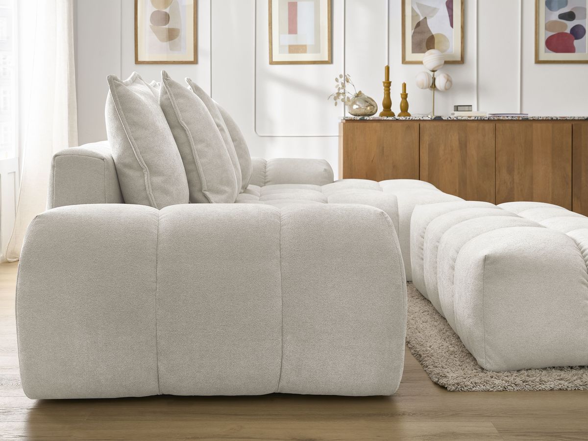 Canapé d'angle convertible coffre EVEREST tissu texturé avec pouf