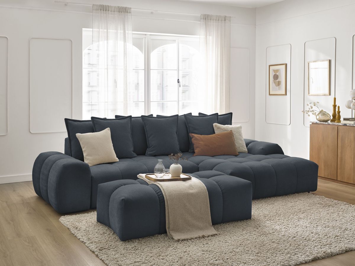 Canapé d'angle convertible coffre EVEREST tissu texturé avec pouf