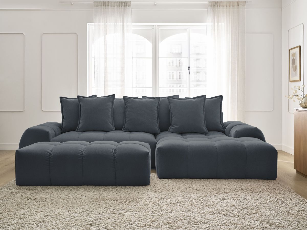 Canapé d'angle convertible coffre EVEREST tissu texturé avec pouf