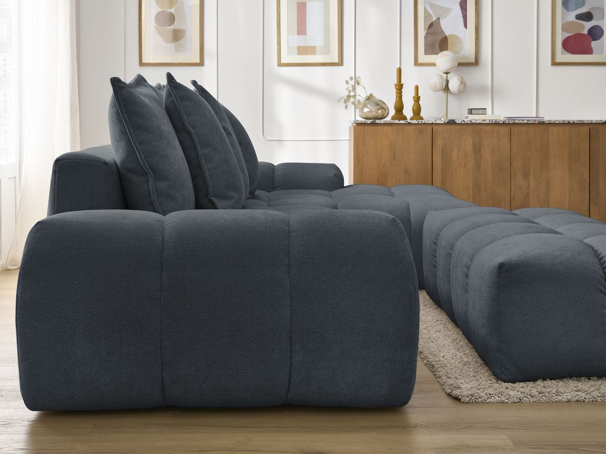 Canapé d'angle convertible coffre EVEREST tissu texturé avec pouf
