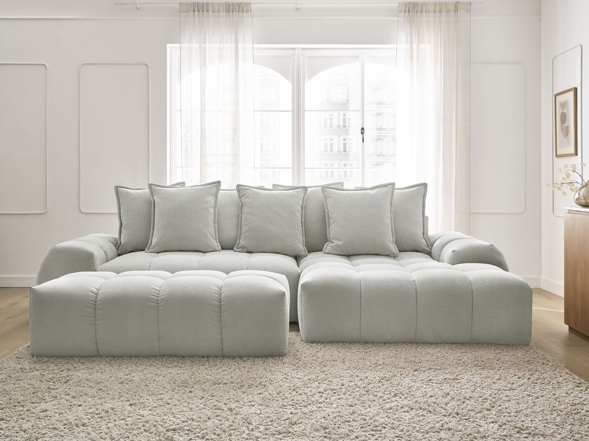 Canapé d'angle convertible coffre EVEREST tissu texturé avec pouf