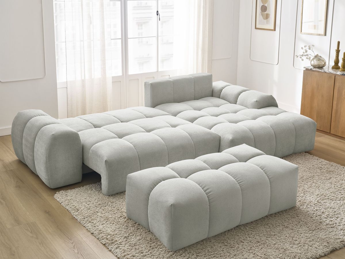 Canapé d'angle convertible coffre EVEREST tissu texturé avec pouf