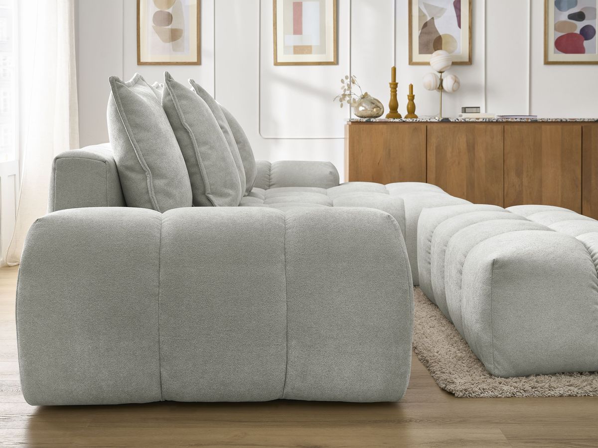 Canapé d'angle convertible coffre EVEREST tissu texturé avec pouf