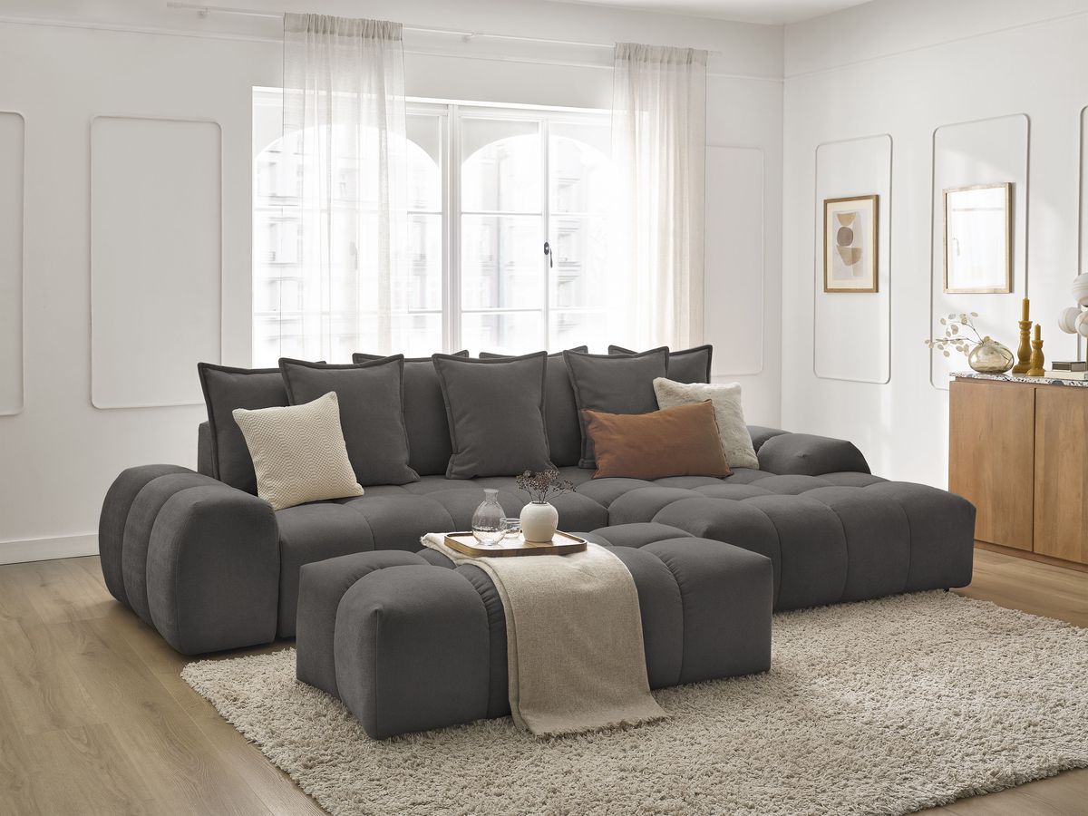 Canapé d'angle convertible coffre EVEREST tissu texturé avec pouf
