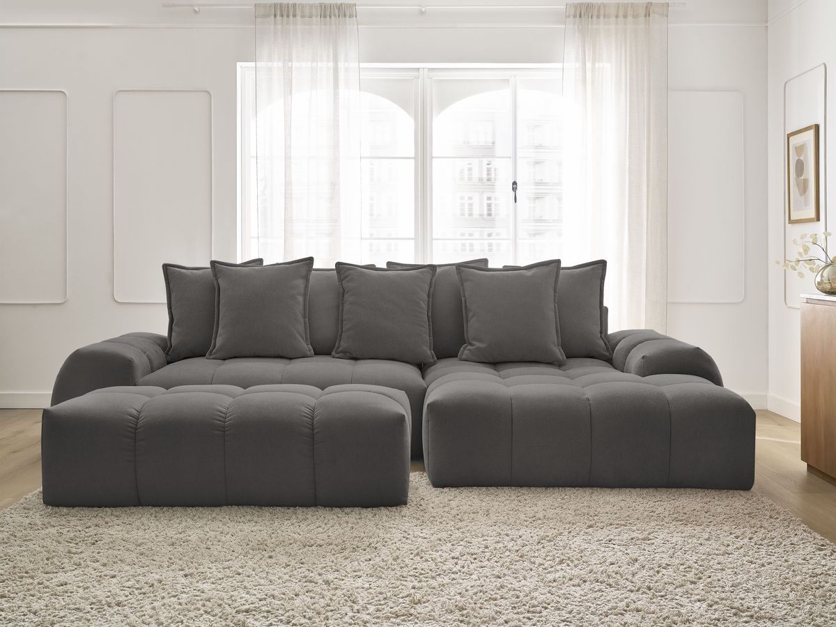 Canapé d'angle convertible coffre EVEREST tissu texturé avec pouf