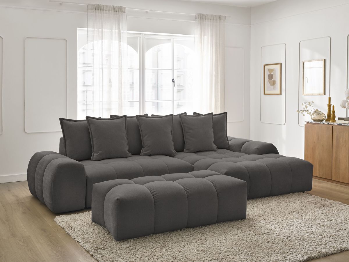 Canapé d'angle convertible coffre EVEREST tissu texturé avec pouf gris foncé angle droit BOBOCHIC 4 places - Vue supplémentaire 3
