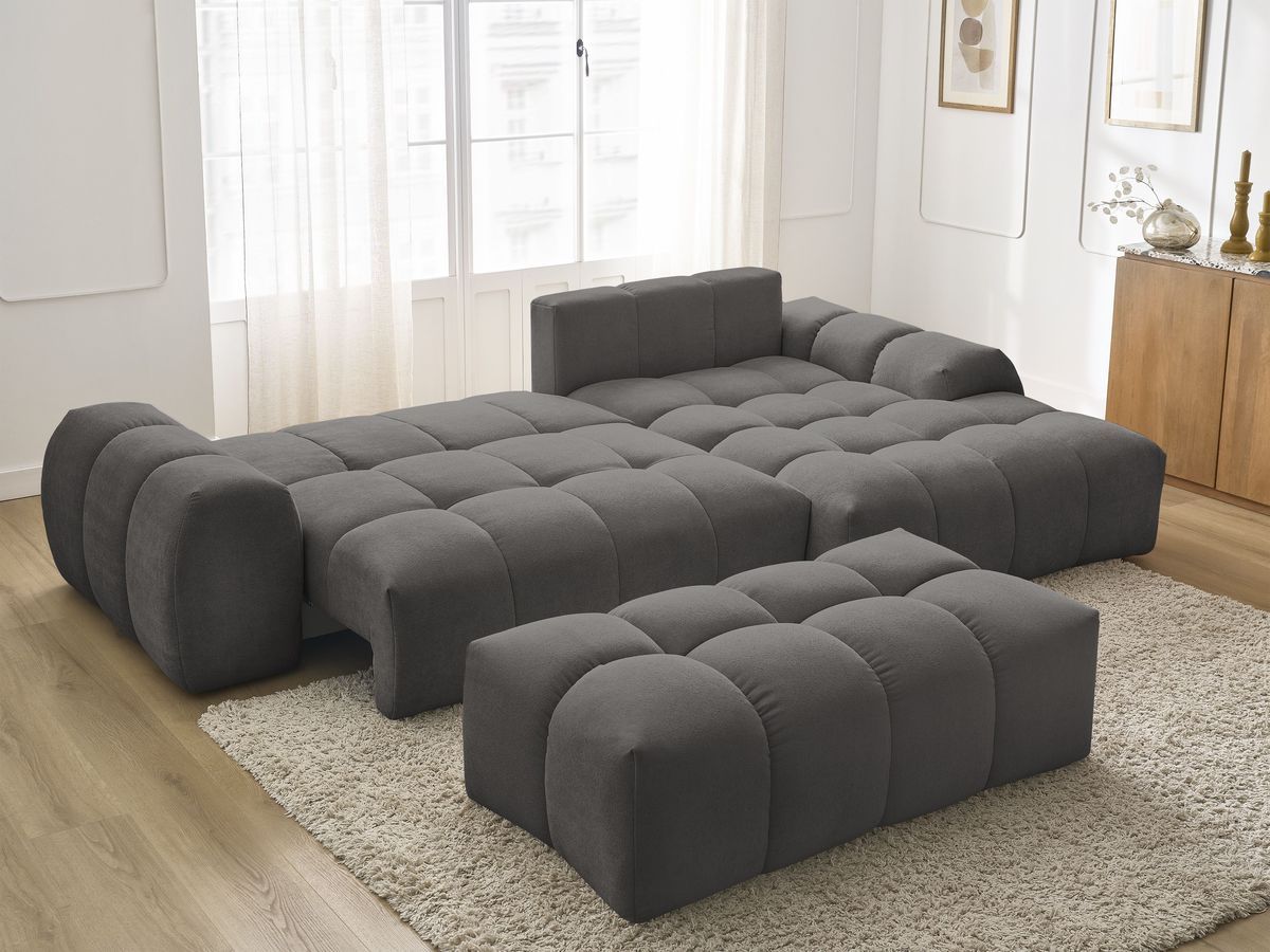 Canapé d'angle convertible coffre EVEREST tissu texturé avec pouf