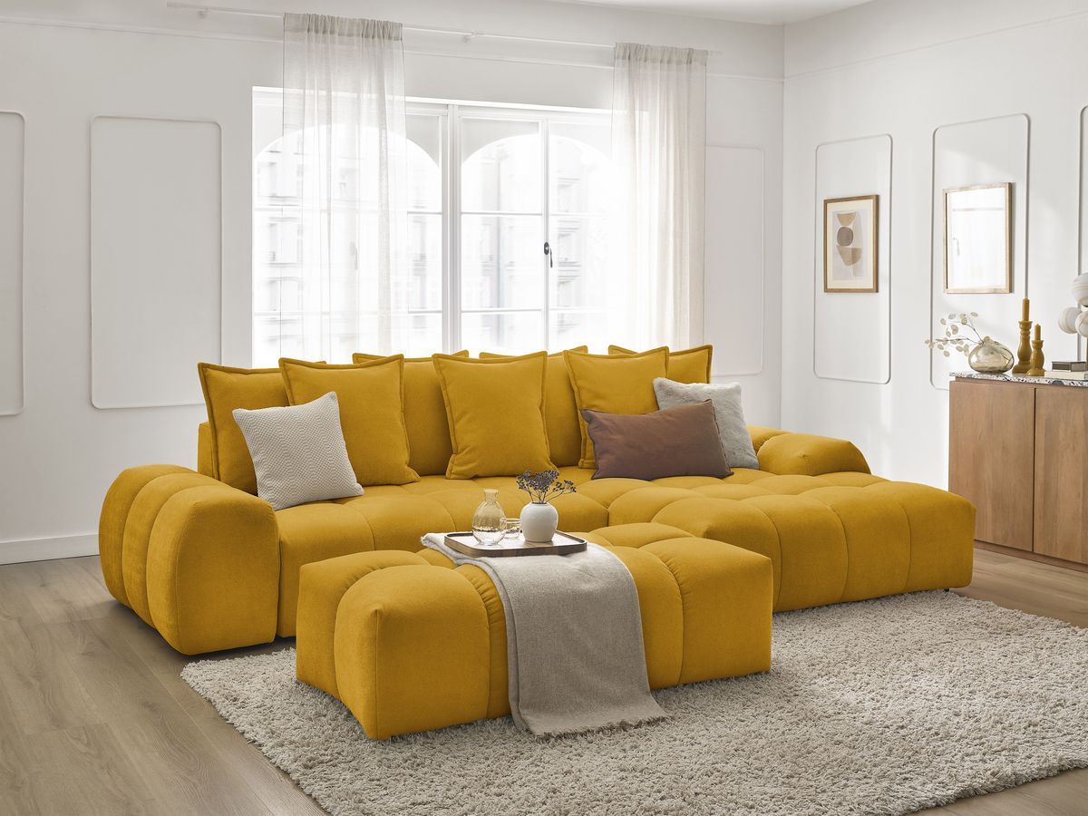 Canapé d'angle convertible coffre EVEREST tissu texturé avec pouf