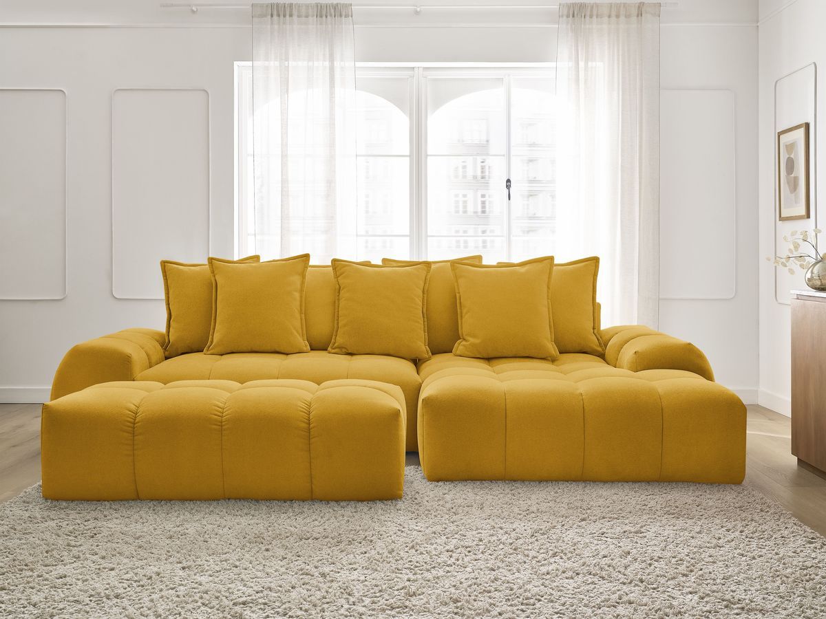 Canapé d'angle convertible coffre EVEREST tissu texturé avec pouf