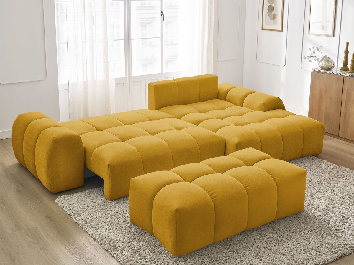 Canapé d'angle convertible coffre EVEREST tissu texturé avec pouf