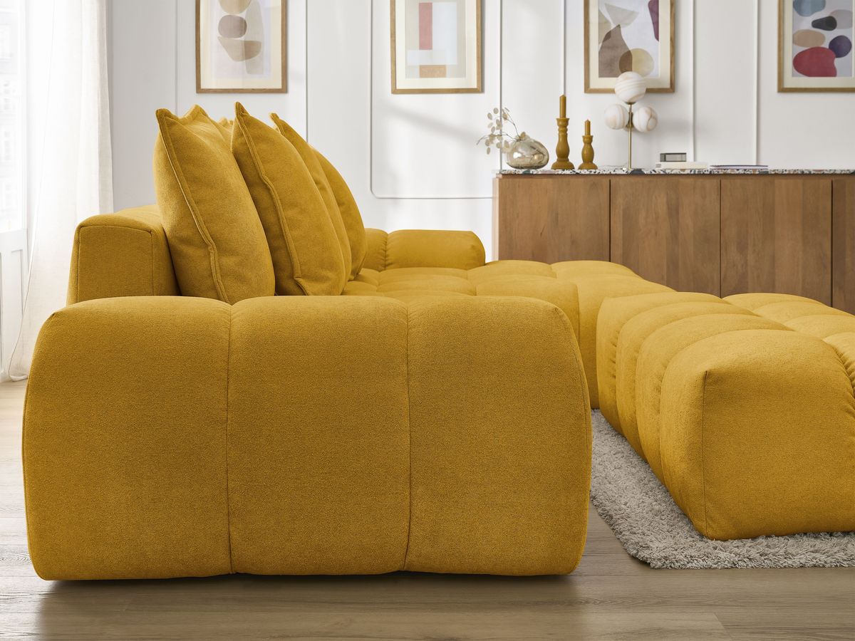 Canapé d'angle convertible coffre EVEREST tissu texturé avec pouf