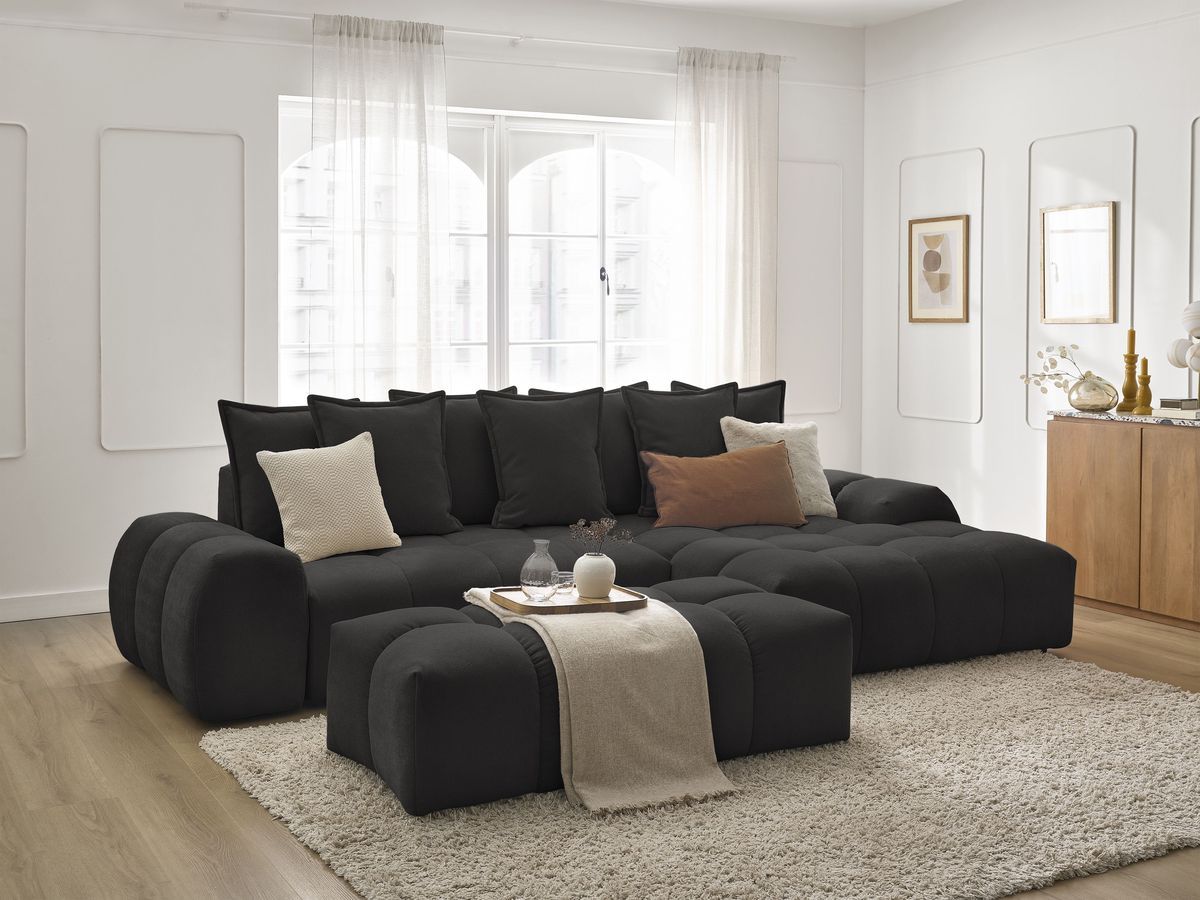 Canapé d'angle convertible coffre EVEREST tissu texturé avec pouf