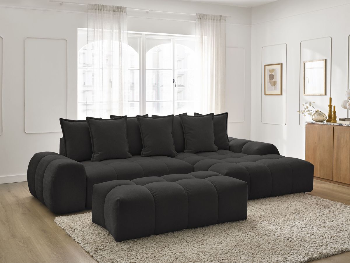 Canapé d'angle convertible coffre EVEREST tissu texturé avec pouf noir angle droit BOBOCHIC 4 places - Vue supplémentaire 3