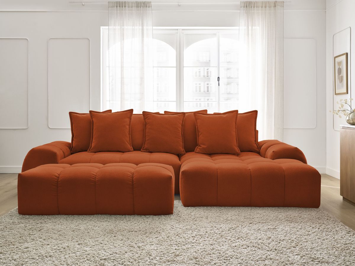 Canapé d'angle convertible coffre EVEREST tissu texturé avec pouf