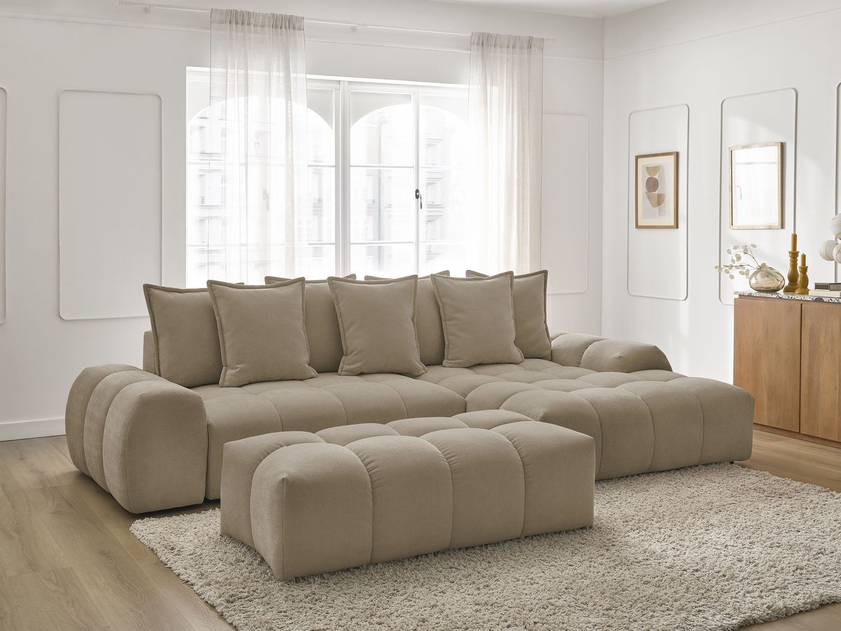 Canapé d'angle convertible coffre EVEREST tissu texturé avec pouf taupe angle droit BOBOCHIC 4 places - Vue supplémentaire 3
