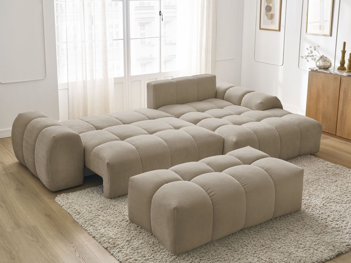 Canapé d'angle convertible coffre EVEREST tissu texturé avec pouf