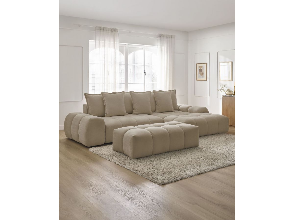 Canapé d'angle convertible coffre EVEREST tissu texturé avec pouf
