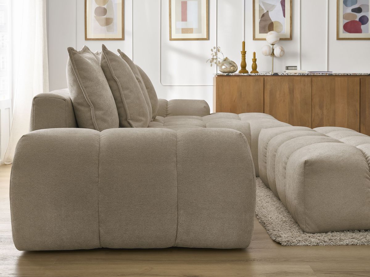 Canapé d'angle convertible coffre EVEREST tissu texturé avec pouf