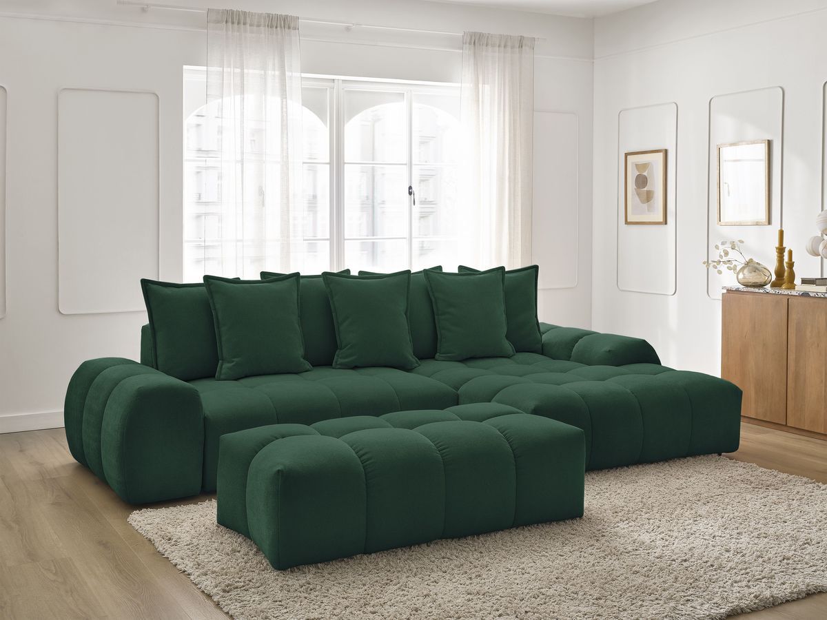 Canapé d'angle convertible coffre EVEREST tissu texturé avec pouf vert angle droit BOBOCHIC 4 places - Vue supplémentaire 3