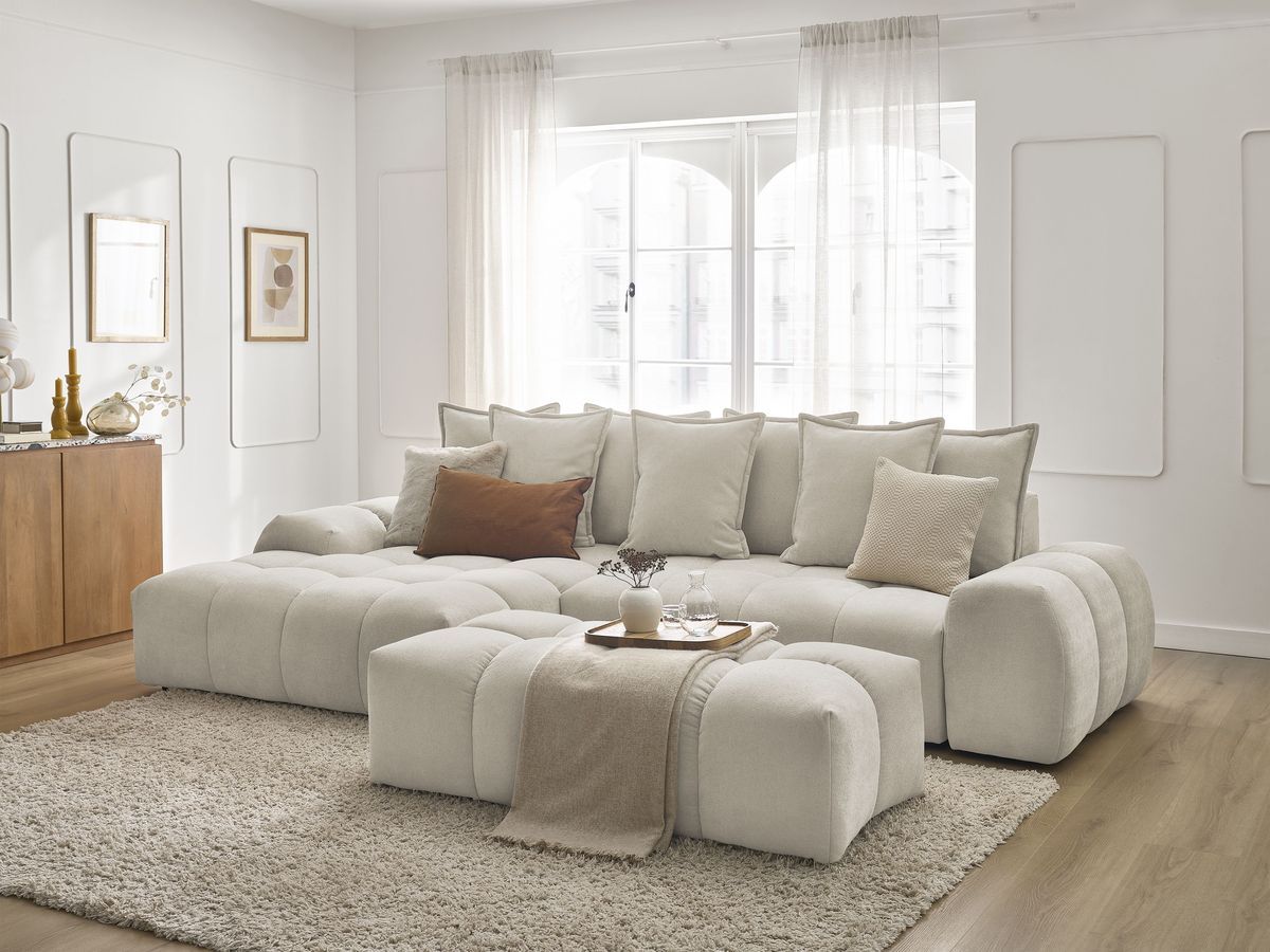 Canapé d'angle convertible coffre EVEREST tissu texturé avec pouf