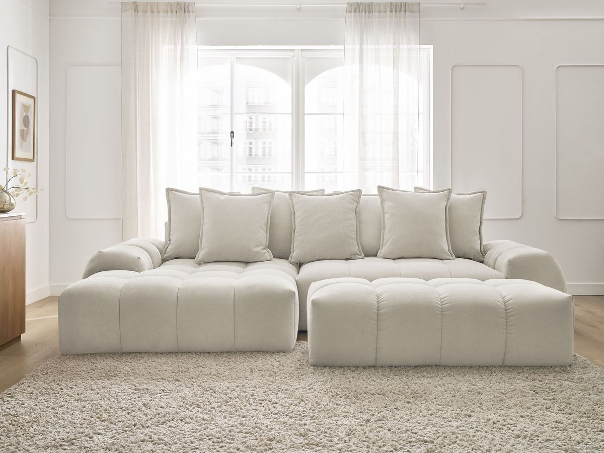Canapé d'angle convertible coffre EVEREST tissu texturé avec pouf