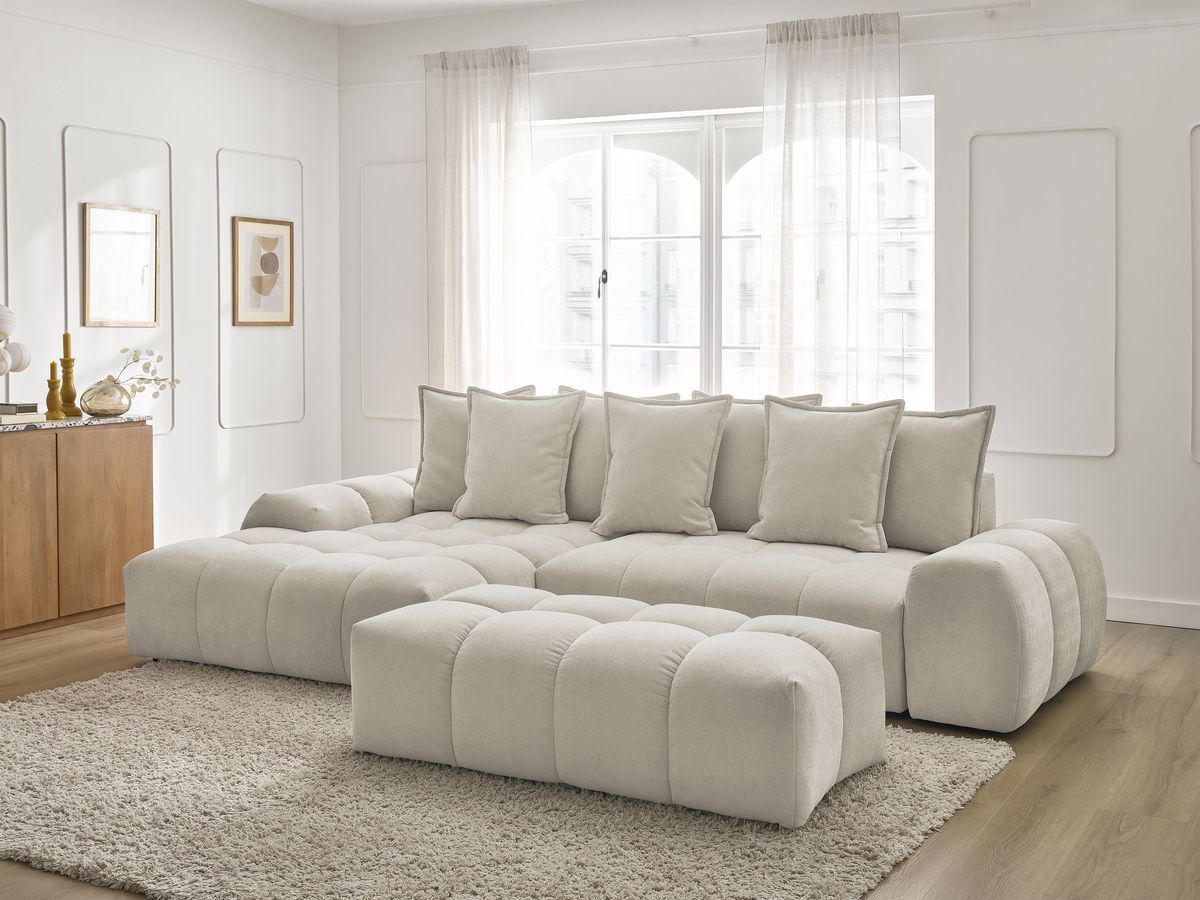 Canapé d'angle convertible coffre EVEREST tissu texturé avec pouf beige angle gauche BOBOCHIC 4 places - Vue supplémentaire 3