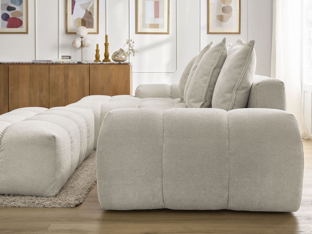 Canapé d'angle convertible coffre EVEREST tissu texturé avec pouf