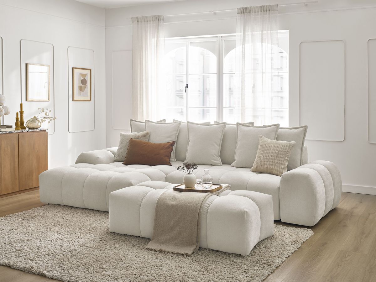 Canapé d'angle convertible coffre EVEREST tissu texturé avec pouf