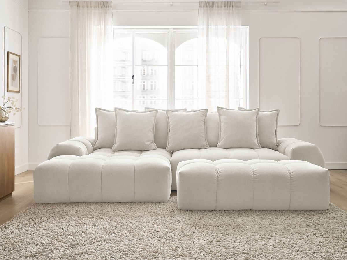 Canapé d'angle convertible coffre EVEREST tissu texturé avec pouf